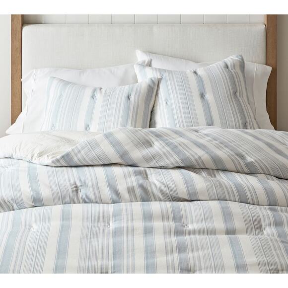 New Pottery Barn Hawthorn Stripe CottonComforter, King/Cal. King chambray $219